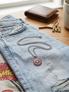 Marvel Captain America Shield Pendant Necklace Silver Tone Chain